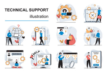 Technical support concept with character situations mega set. Bundle of scenes people consulting and helping clients, solving tech problems, answering calls. Vector illustrations in flat web design - obrazy, fototapety, plakaty