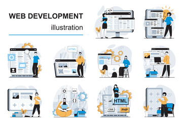 Web development concept with character situations mega set. Bundle of scenes people making websites layouts, placing elements and content, coding and testing. Vector illustrations in flat design