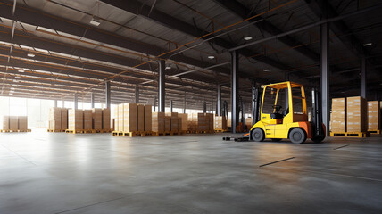 Massive Industrial Warehouse with High Shelves, Cardboard Boxes and Forklift. Distribution Center Storage Facility Interior. Shipping and Logistics System. Organized and Spacious Retail. generative ai