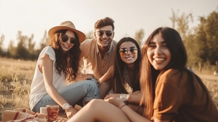 Fototapeta premium Joyful Multiracial Best Friends Group Enjoying a Picnic in the Park. Smiling, Laughing Together on a Blanket with Fruits. Friends Having Fun Outdoors on a Sunny Day Picnic Outdoors. generative ai