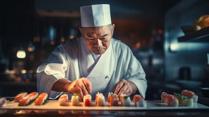The chef prepares sushi, rolls in the restaurant. Generative AI