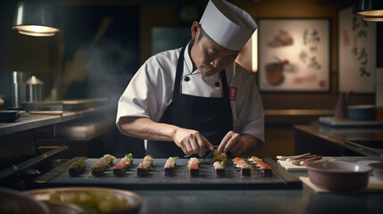 The chef prepares sushi, rolls in the restaurant. Generative AI