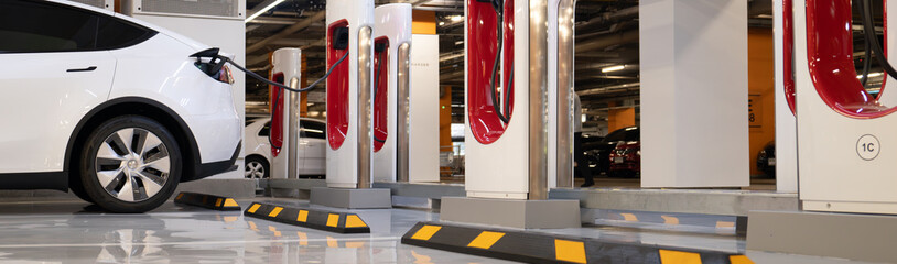 EV charging station for electric car in concept of sustainable energy and eco power produced from...