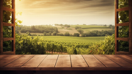 Empty wooden table, vineyard view out of open window. Template for product presentation. Created with Generative AI - 607130279