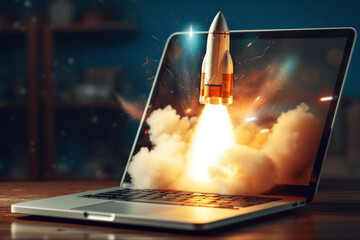 Launching Space Rocket From Laptop Screen. Created with Generative AI - 607130284