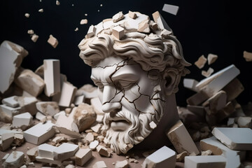 Broken ancient greek statue head falling in pieces. Broken marble sculpture, cracking bust, concept of depression, memory loss, mentality loss or illness.  Created with Generative AI.