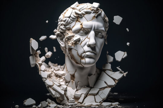 Broken ancient greek statue head falling in pieces. Broken marble sculpture, cracking bust, concept of depression, memory loss, mentality loss or illness.  Created with Generative AI.