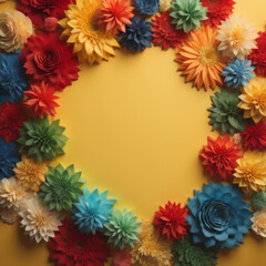 Arranjo de flores de v&aacute;rios tamanhos e coloridas. Espa&ccedil;o para escrita. Fundo amarelo