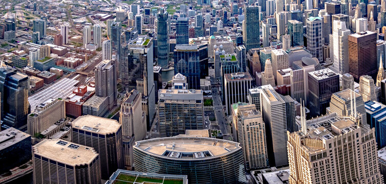 Chicago city skyscrapers aerial view, blue sky background. Skydeck observation deck