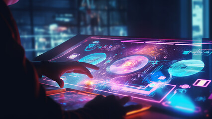 Afuturistic technology interface displaying holographic data with a wide-angle lens under neon lights