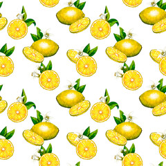Watercolor seamless pattern lemon slice. Hand drawn botanical illustration of yellow half citrus fruits isolated on transparent background. Clipart objects for design and decoration