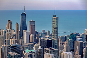 Fototapeta premium Chicago city skyscrapers aerial view, blue sky background. Skydeck observation deck