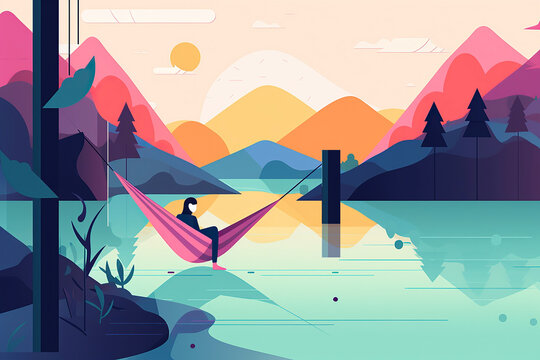 ai generated man lying on hammock enjoying lake view colorful