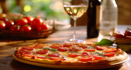 Traditional italian pizza with tomato, ham, cheese, mozzarella, restaurant kitchen concept