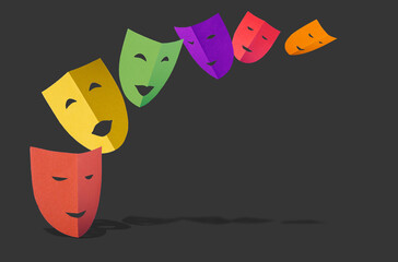Fototapeta multicolored theatrical paper masks with shadow flying on a black background, copy space obraz