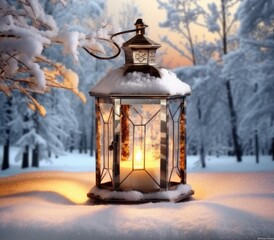 Christmas candle Lantern in winter garden, snowy evening landscape. christmas holiday background. atmosphere festive winter still life created with Generative AI technology