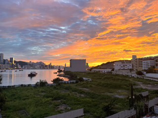 city skyline at sunset in Yau Tong, Hong Kong