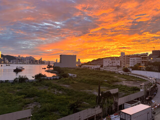 city skyline at sunset in Yau Tong, Hong Kong