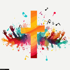 Colorful christian cross music notes hands vector illustration - obrazy, fototapety, plakaty