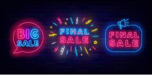 Final Sale neon emblems collection. Big sale. Confetti frame. Extra discount shopping. Vector stock illustration