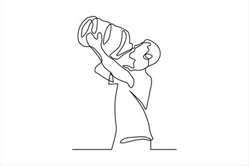 continuous line illustration of person drinking by gallon