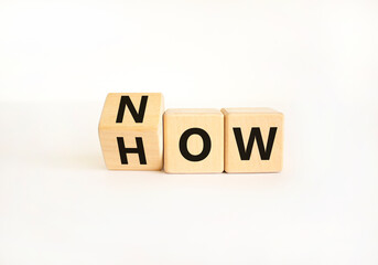 Now how symbol. Businessman turns wooden cubes and changes the word How to Now. Beautiful white table white background. Copy space. Business and now how concept.