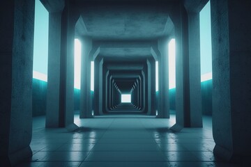 Futuristic underground corridor with colorful lights Generative AI