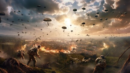 Visualize a thrilling airborne assault, with paratroopers descending from the sky, aircraft soaring overhead, and a chaotic battlefield unfolding below - obrazy, fototapety, plakaty
