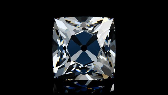 Antique Old Mine Peruzzi cut diamond rotating on black background. Seamless loop 3d animation