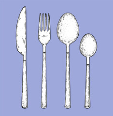 Knife, fork, spoon sketch. Hand drawn vector illustration. Kitchen utensils. Cutlery set. Collection of hand drawn sketches. Design elements.