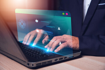 man using laptop Chat with Chatbot for information, Futuristic technology transformation, Chat with...