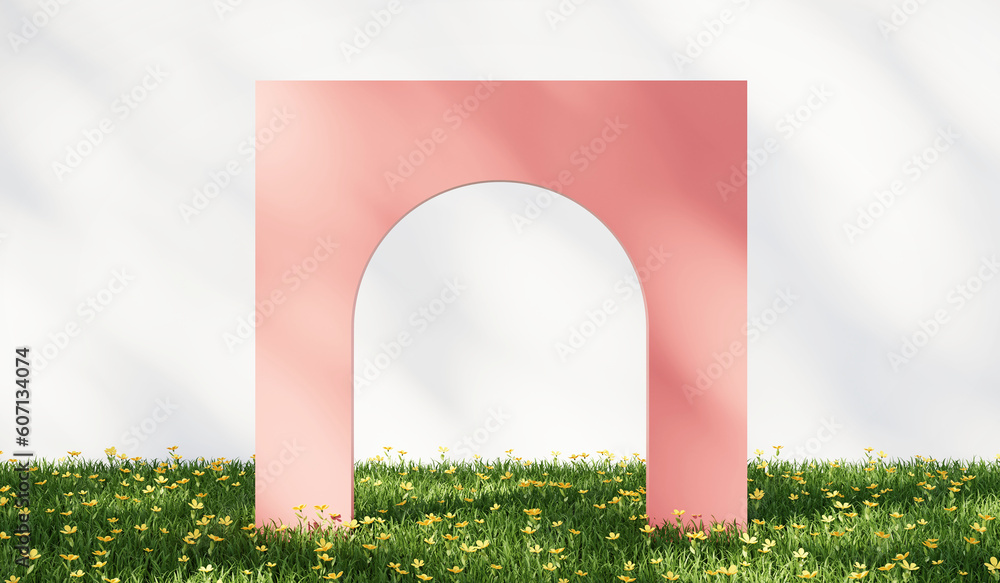 Poster 3d rendering grass field with abstract pink arch wall background