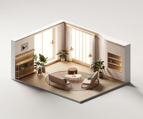 Isometric view living room muji style open inside interior architecture 3d rendering digital art © sarawut795