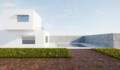 3d rendering exterior modern house in minimal architecture style with sunlight.