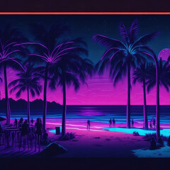Obraz premium Night Party Tropical Beach Club Bar Summer Fresh Neon Lights Retro Mood Blue Purple Orange Generative Ai