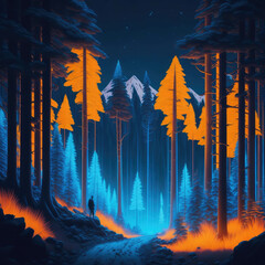 Mountain Forest Pine Tall Trees Retro Style Neon Glowing Lights Dark Night Generative Ai