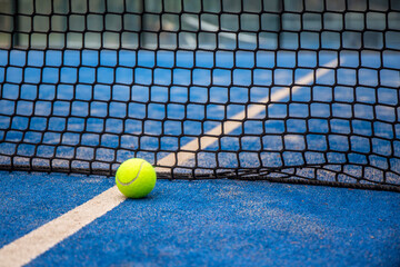 Blue paddle court, with balls. With view of the net and the lines
