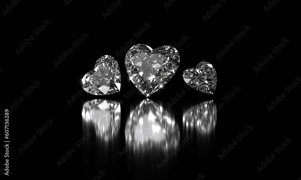 Poster heart shape diamonds group placed on glossy background 3d rendering