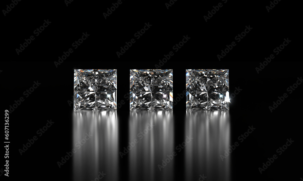 Poster princess shape diamonds group placed on glossy background 3d rendering