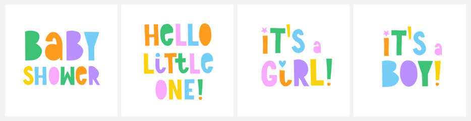 Set of 4 Baby Shower Vector Prints. Colorful Hadwritten 