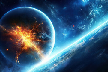 Obraz premium Generative AI. Space Art: Alien Planet - A Fantasy Landscape with dark blue skies and planets