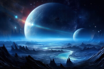 Fototapeta na wymiar Generative AI. Space Art: Alien Planet - A Fantasy Landscape with dark blue skies and planets