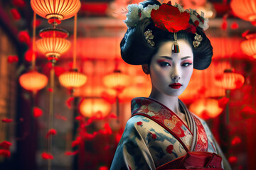 Portrait of fictional, not based on a real person japanese geisha. Generative AI - obrazy, fototapety, plakaty