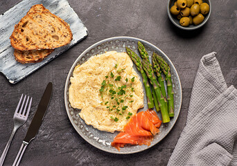Food photography of breakfast, scrambled egg,  brunch, omelet, smoked salmon, asparagus, olive, toast