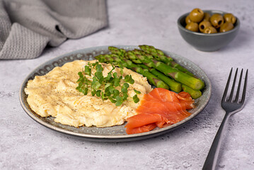 Food photography of breakfast, scrambled egg,  brunch, omelet, smoked salmon, asparagus, olive