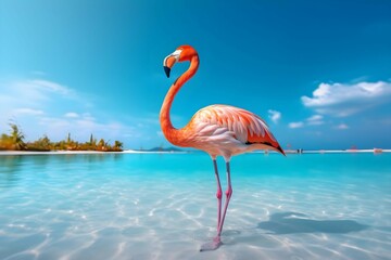 Standing pink flamingo  on turquoise sky and sea water.