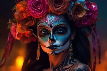 Day of the dead in Mexico. Portrait of woman with skull face make up. Dia de Muertos. Generative AI