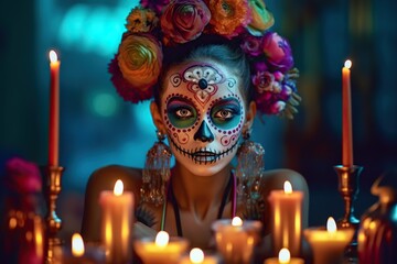 Day of the dead in Mexico. Portrait of woman with skull face and candles. Dia de Muertos. Generative AI