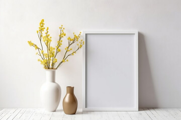 Rectangular vertical frame mockup in scandi style interior.Generated by AI.