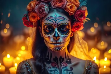 Fototapeta na wymiar Day of the dead in Mexico. Portrait of woman with skull face make up. Dia de Muertos. Generative AI